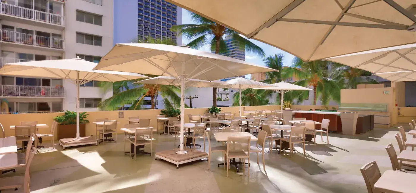Outdoor Dining area view of Hyatt Place Waikiki Beach Honolulu, USA